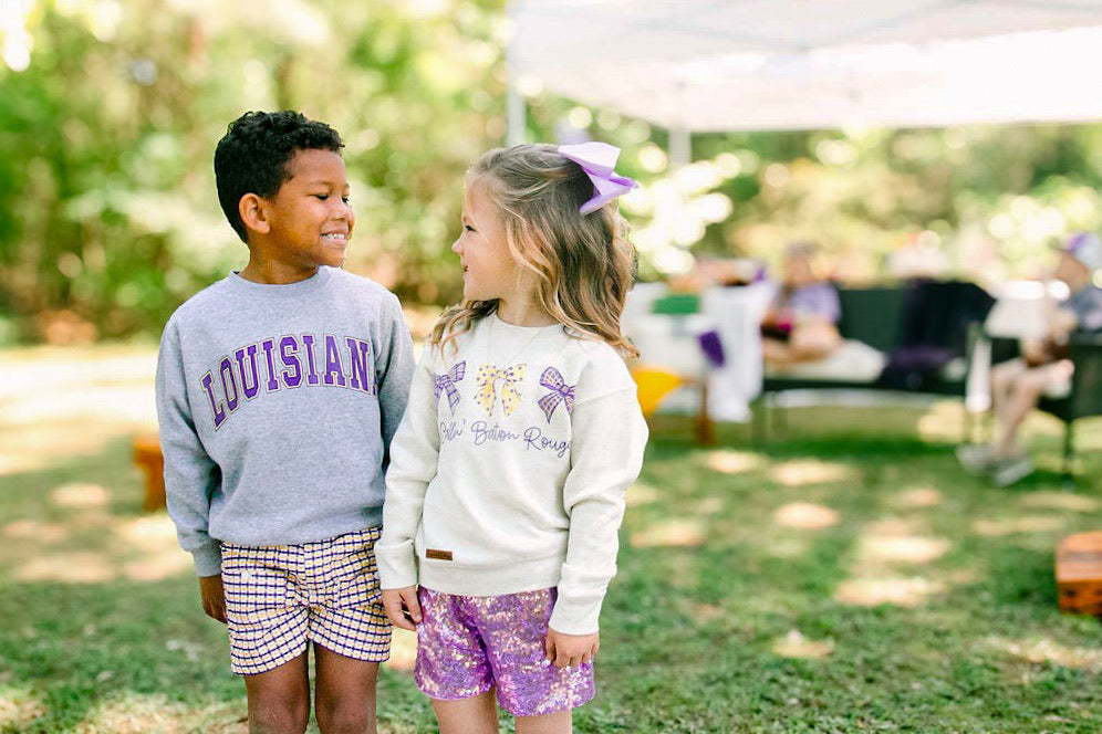 *PREORDER* Louisiana Kids Crewneck Pullover | Purple + Gold