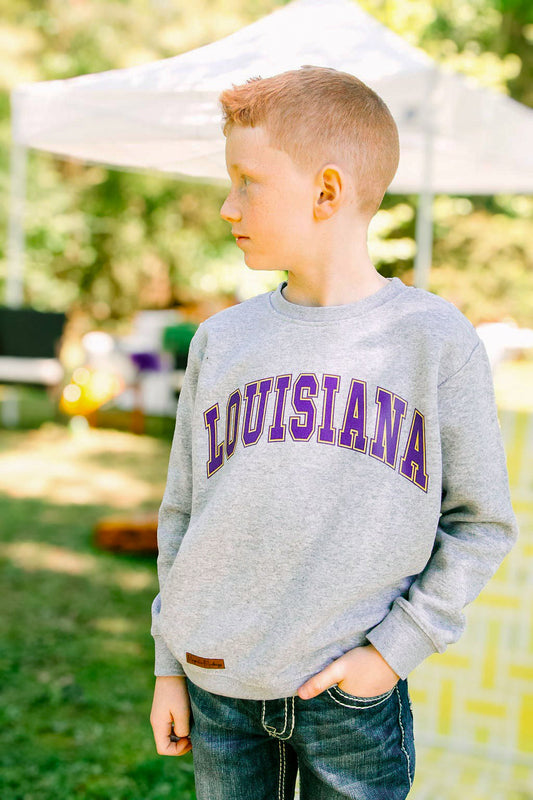 *PREORDER* Louisiana Kids Crewneck Pullover | Purple + Gold