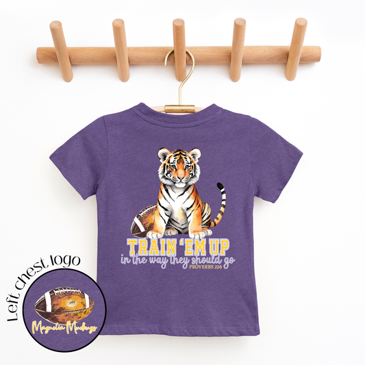 *PREORDER* Train up a Tiger | Football Kid’s Tee | Purple + Gold